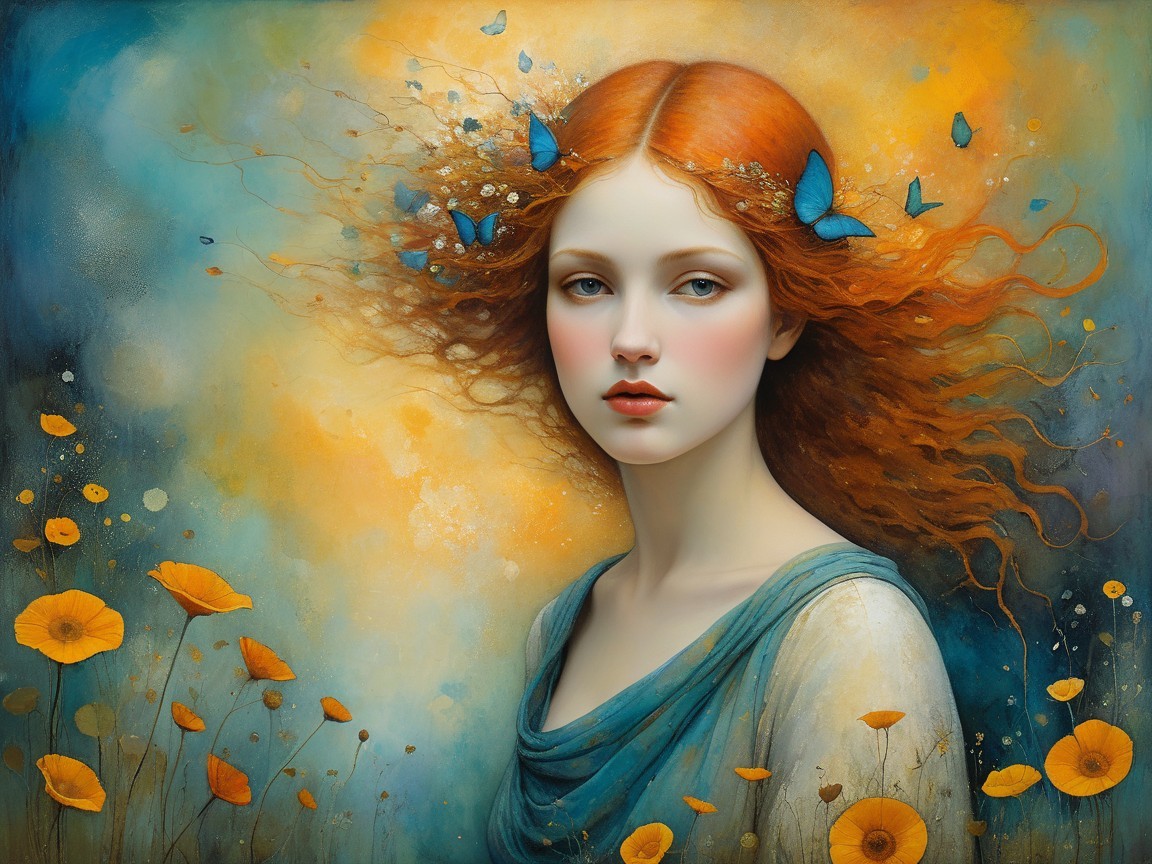 Portrait of a Young Woman with Red Hair and Butterflies