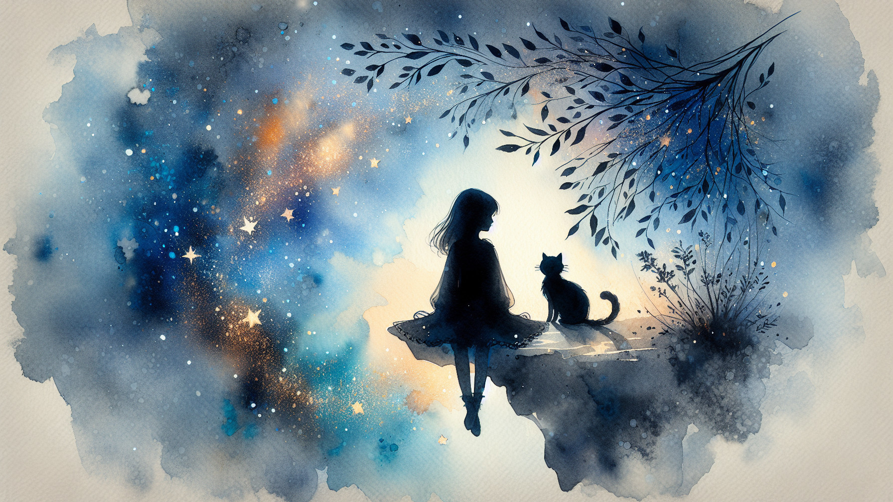 Watercolor Scene of Girl and Cat Under Starry Sky
