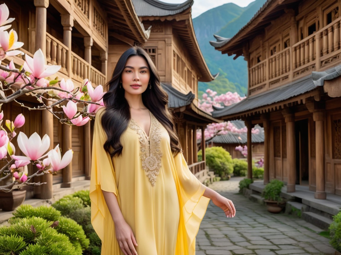 Woman in Yellow Gown in Picturesque Courtyard Setting