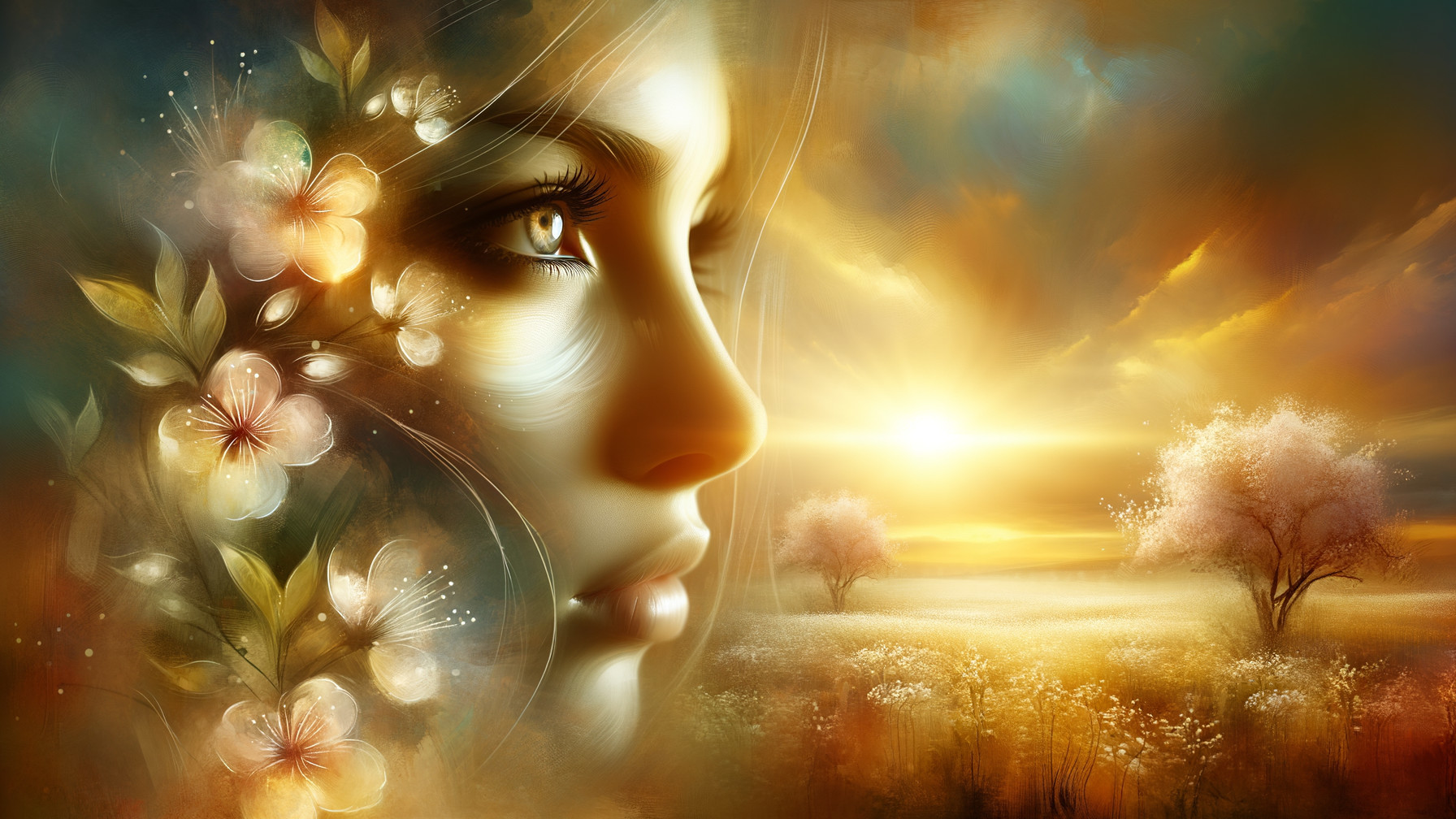 Ethereal Portrait of Woman with Flowers at Sunset