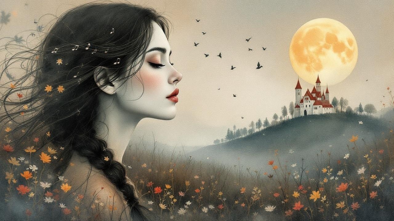 Serene Woman Under Glowing Full Moon and Autumn Leaves