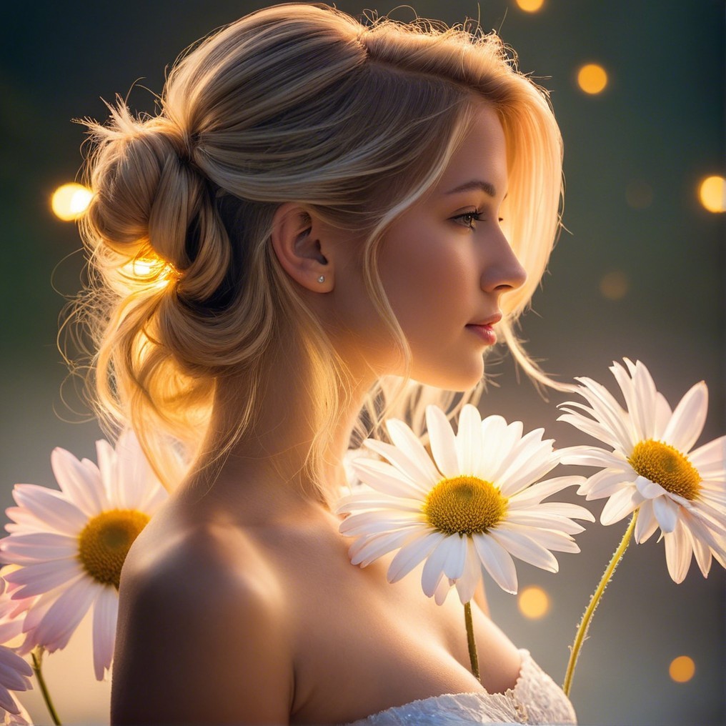 Profile of a Young Woman with Daisies and Soft Hair