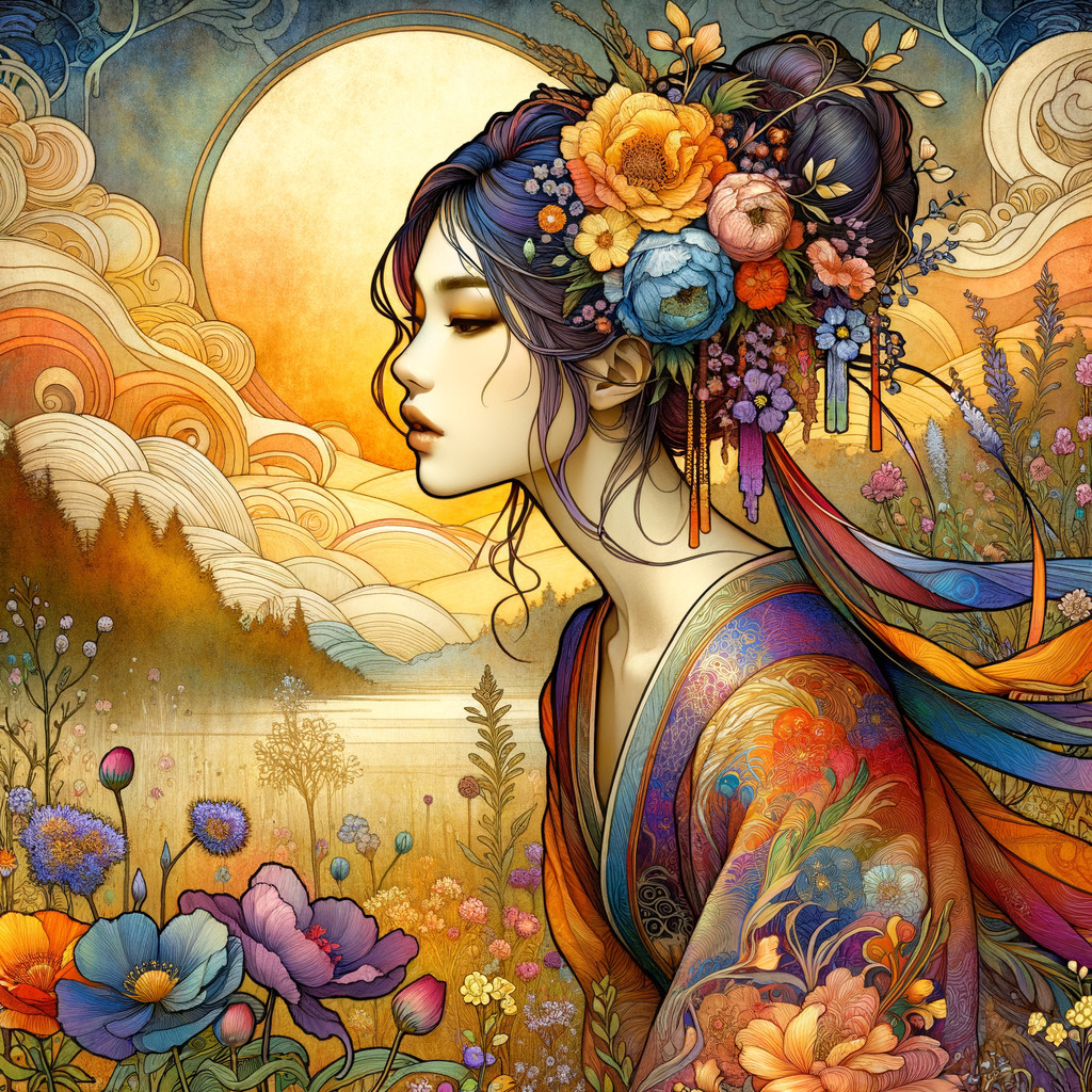 Floral Headdress and Kimono Against Sunset Landscape