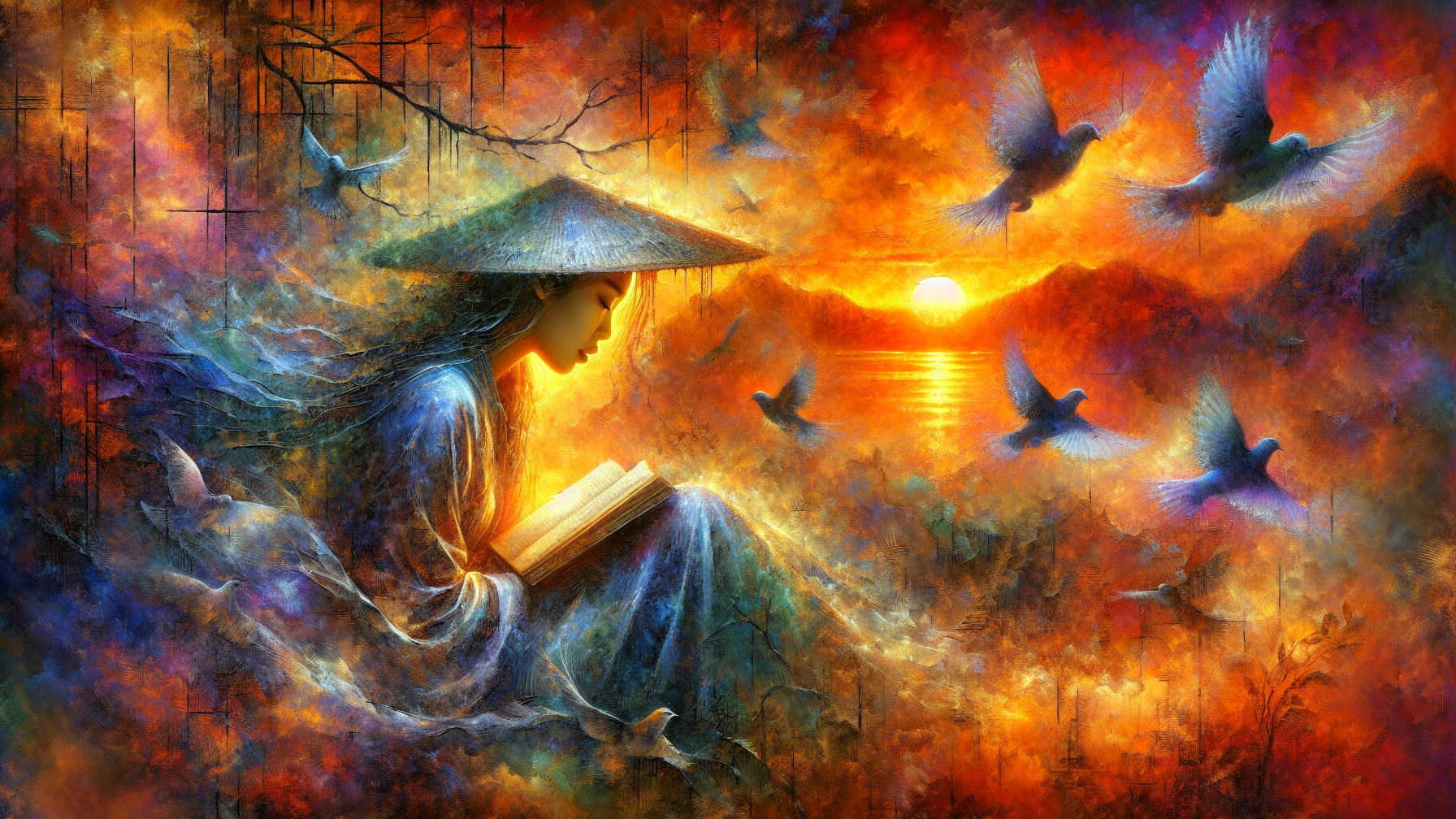 Dreamlike Landscape with Serene Figure Reading