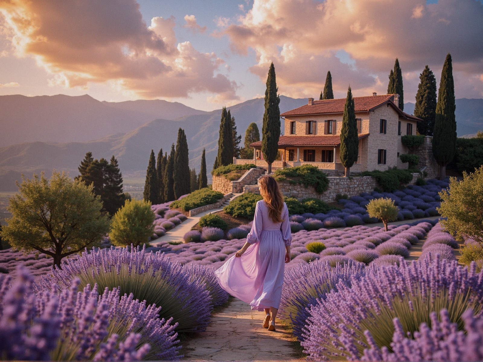 Woman in Lavender Dress Amidst Lavender Fields