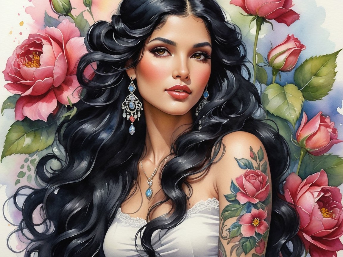 Woman with Black Hair and Floral Tattoo Surrounded by Roses