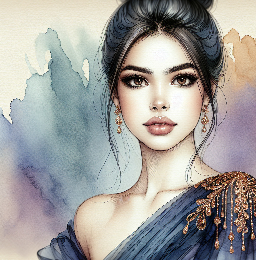 Young Woman in Elegant Blue Gown with Soft Background