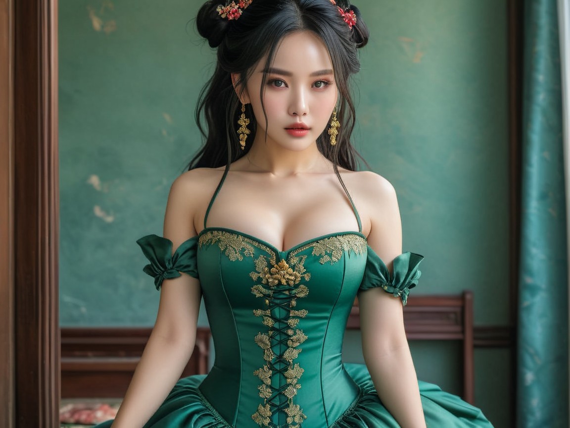 Elegant young woman in emerald green gown with lace