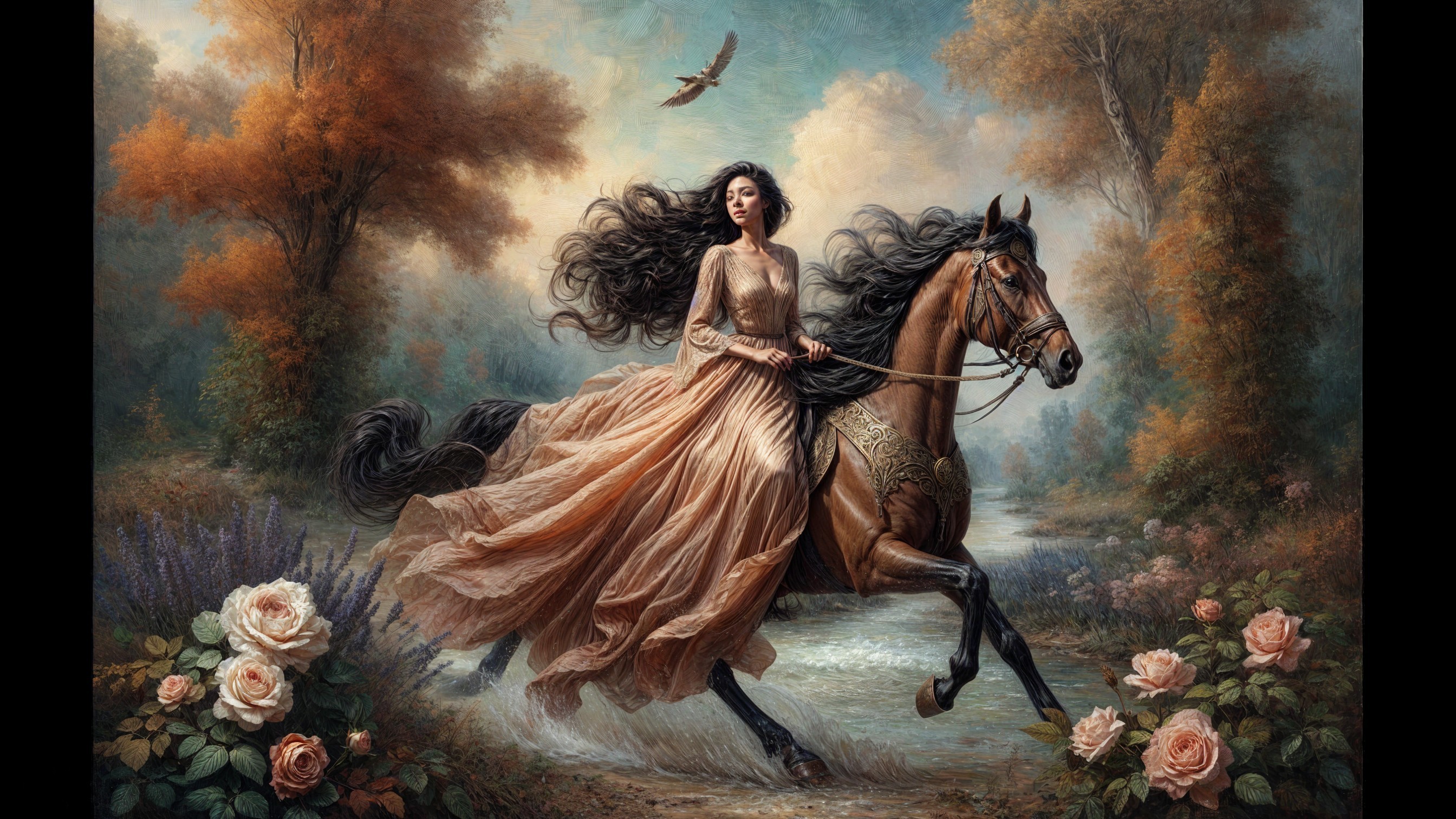 Woman in gown riding horse through autumn landscape