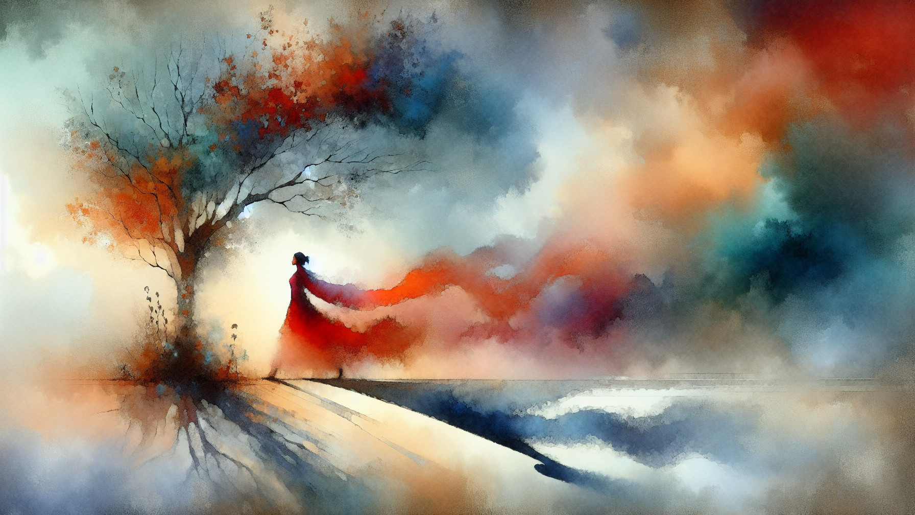 Watercolor Landscape with Figure in Red Dress