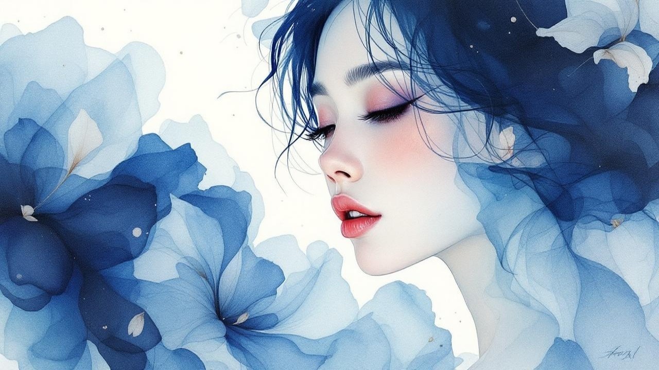 Serene portrait of a woman with blue floral backdrop