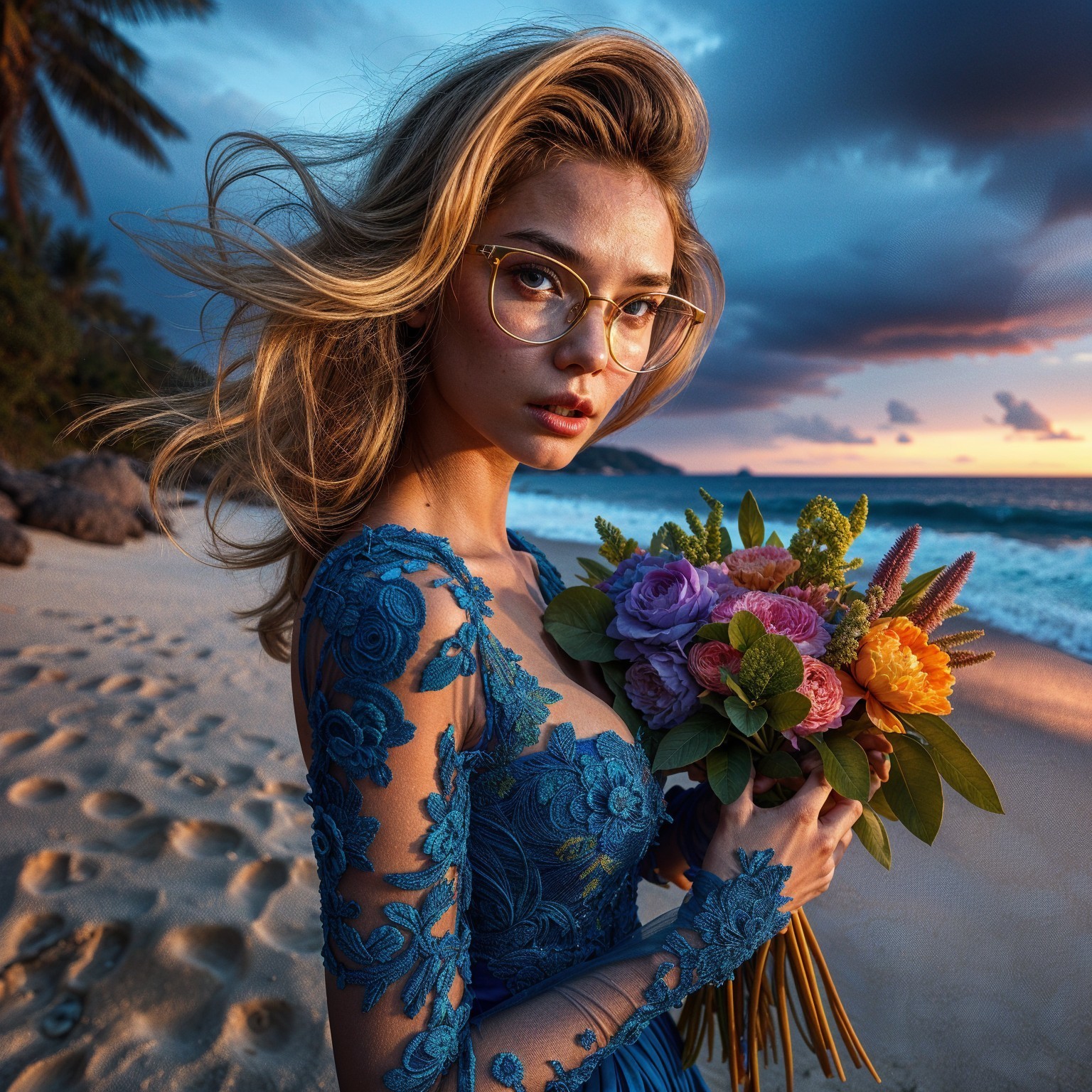 Young Woman in Blue Gown with Flowers at Beach Sunset