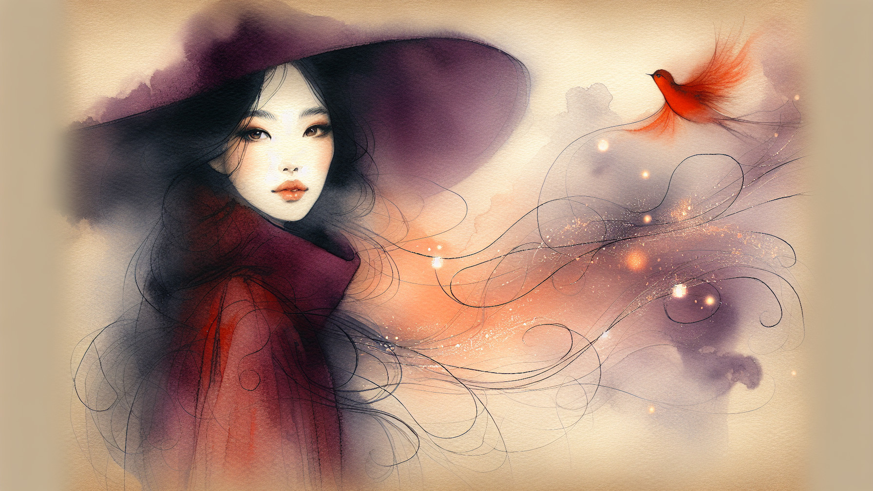 Watercolor portrait of a woman in a purple hat