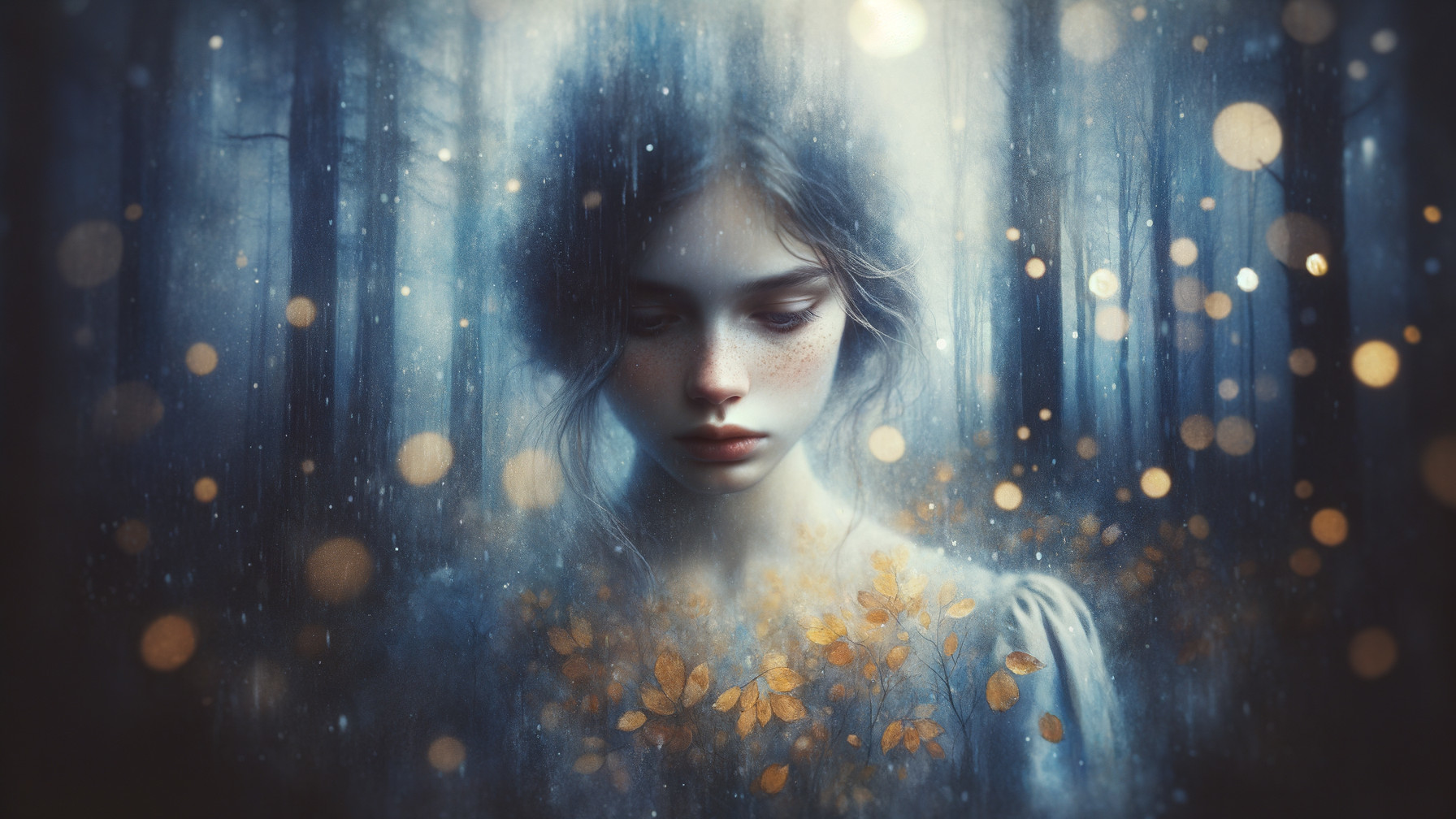 Young girl in a misty forest with ethereal light