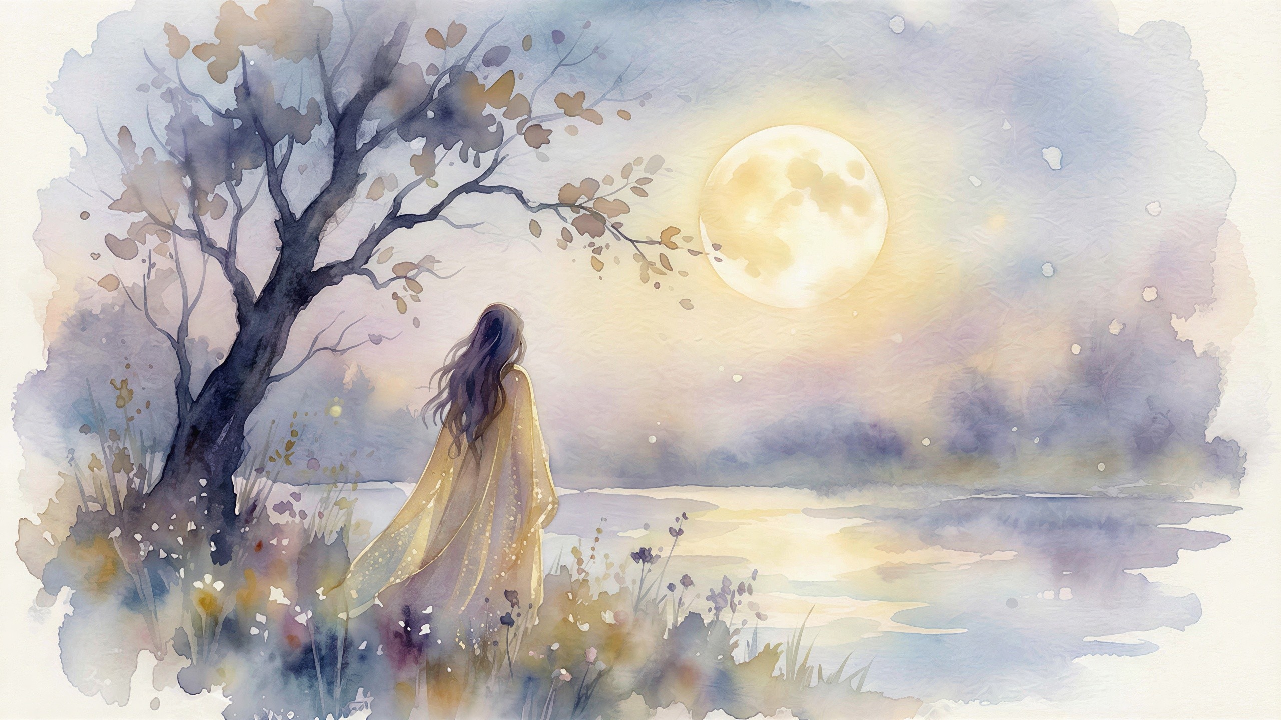 Watercolor of Woman by Water Under Full Moon