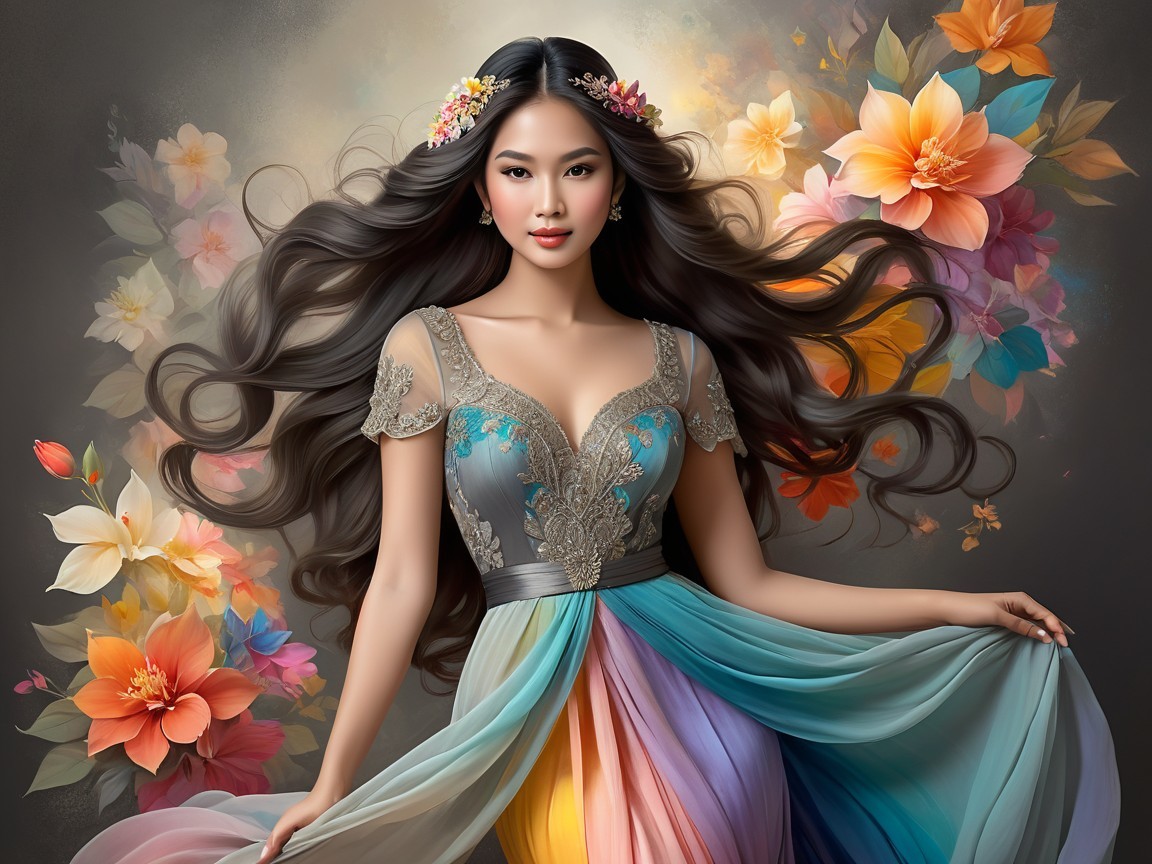 Elegant woman in gown with floral backdrop