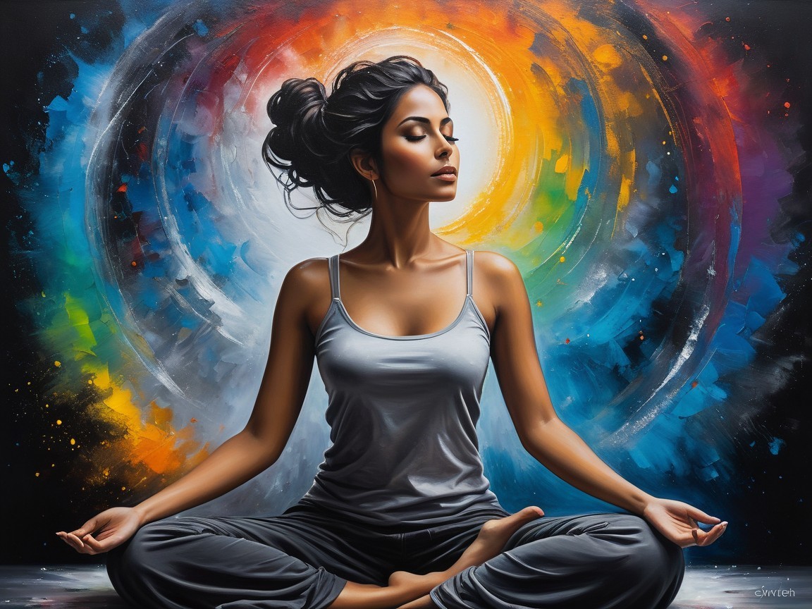 Serene Woman in Meditative Pose with Vibrant Backdrop
