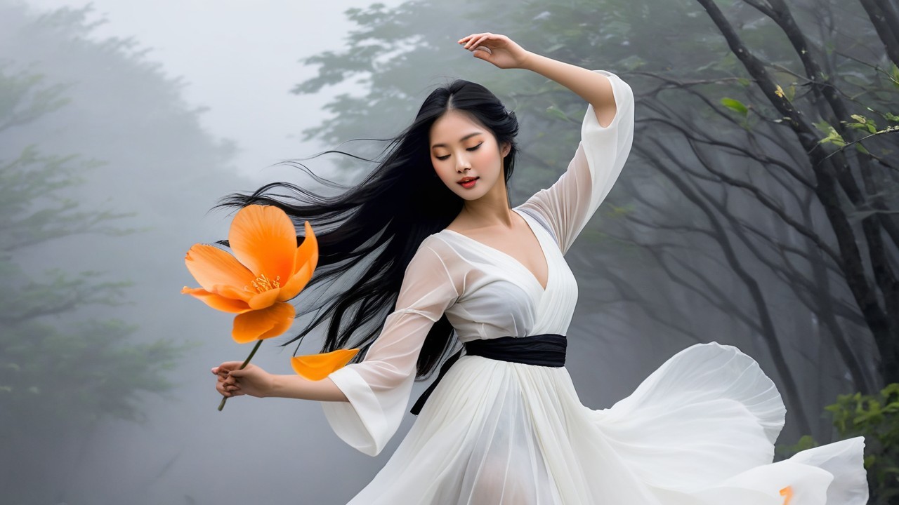 Woman in White Dress Dancing in Misty Forest
