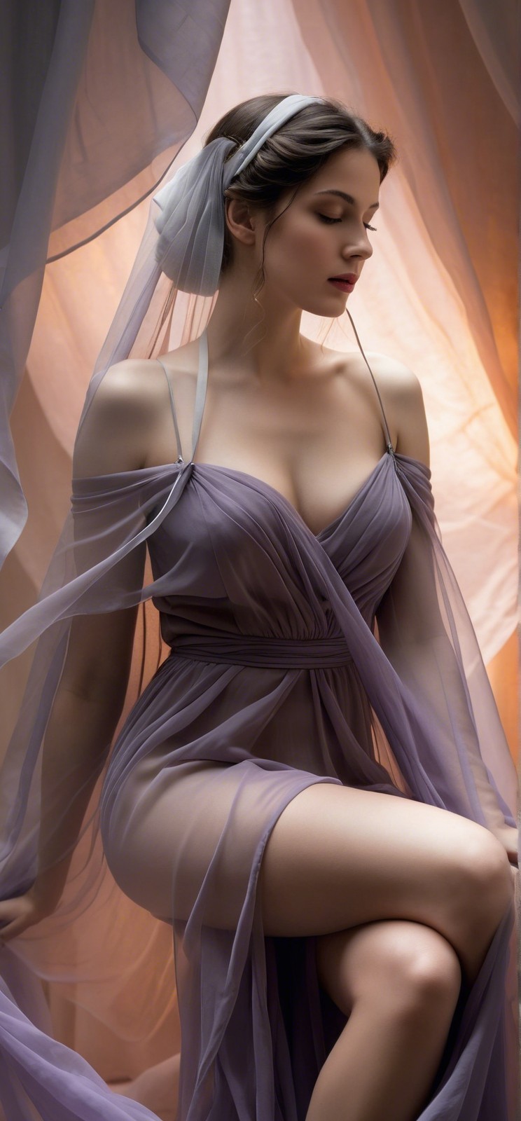 Fashion model in sheer lavender gown with serene expression