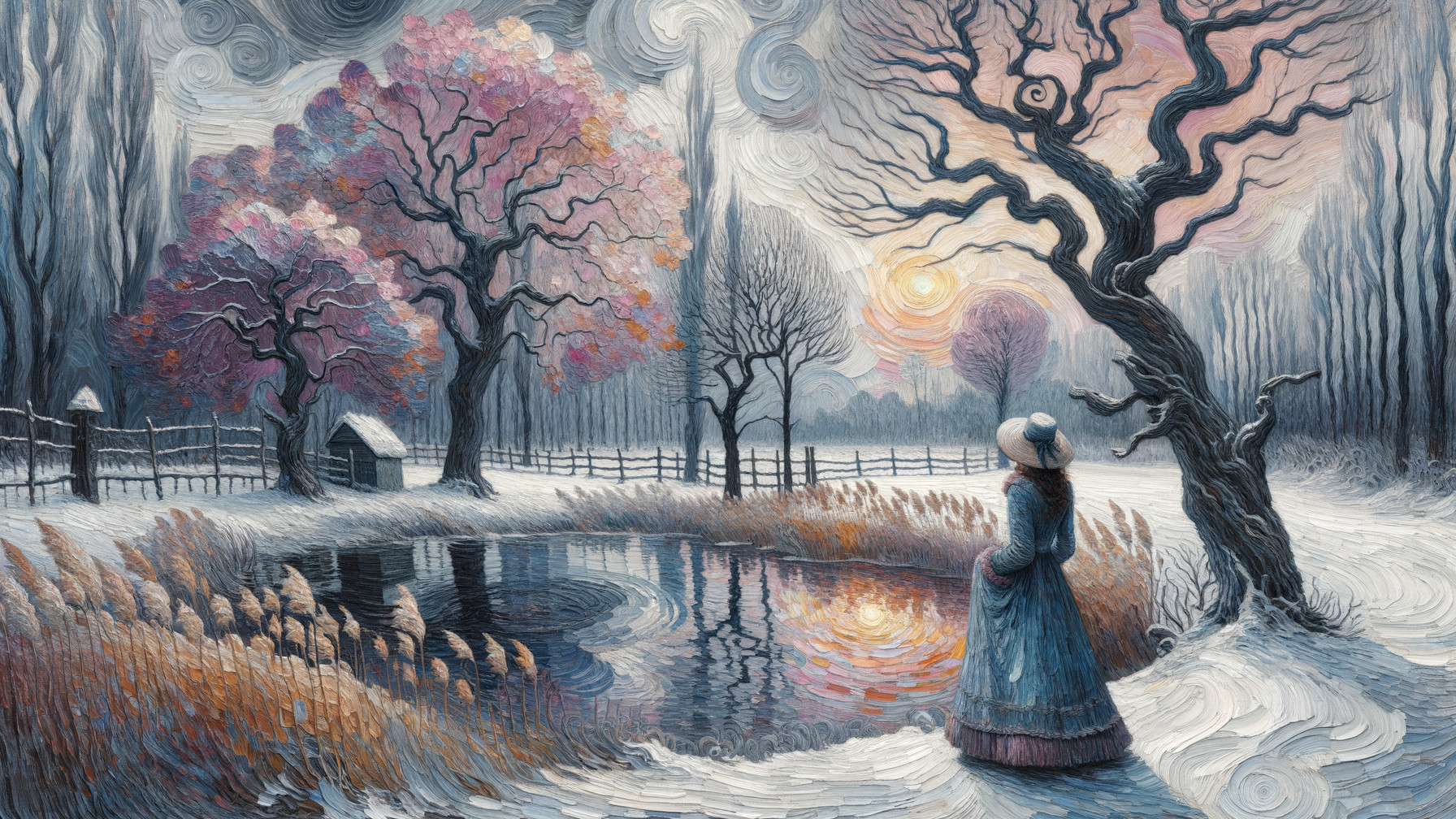 Young Woman in Blue Dress by Winter Pond at Sunrise