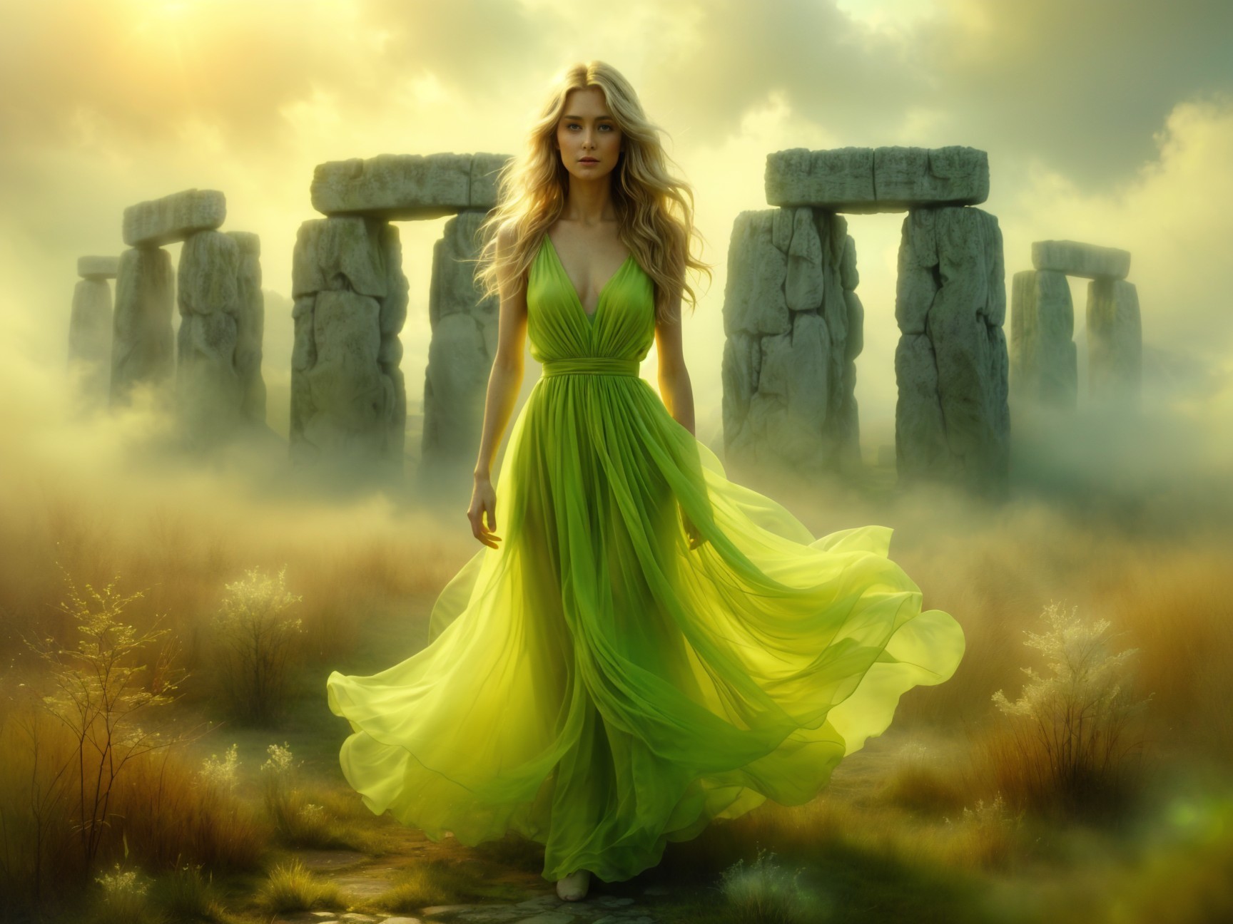 Luminous Figure in Green Dress in Misty Landscape