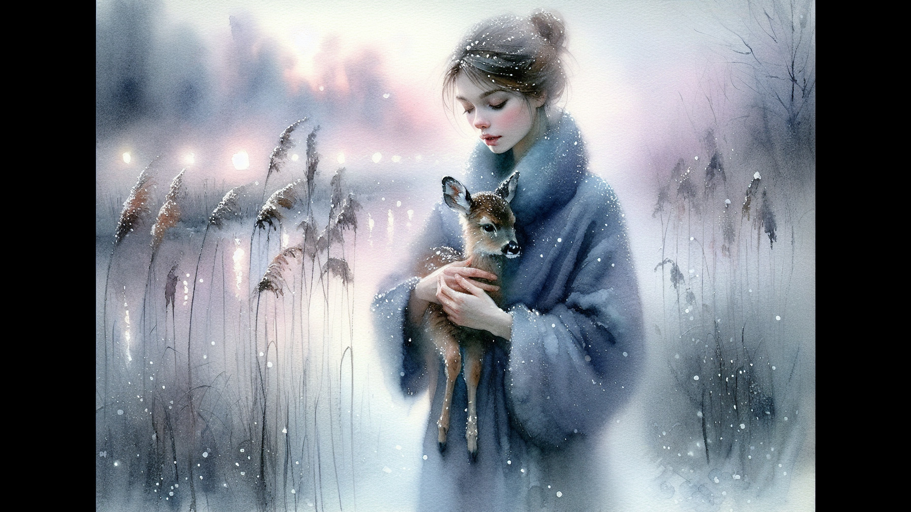 Serene winter scene with a woman and a fawn