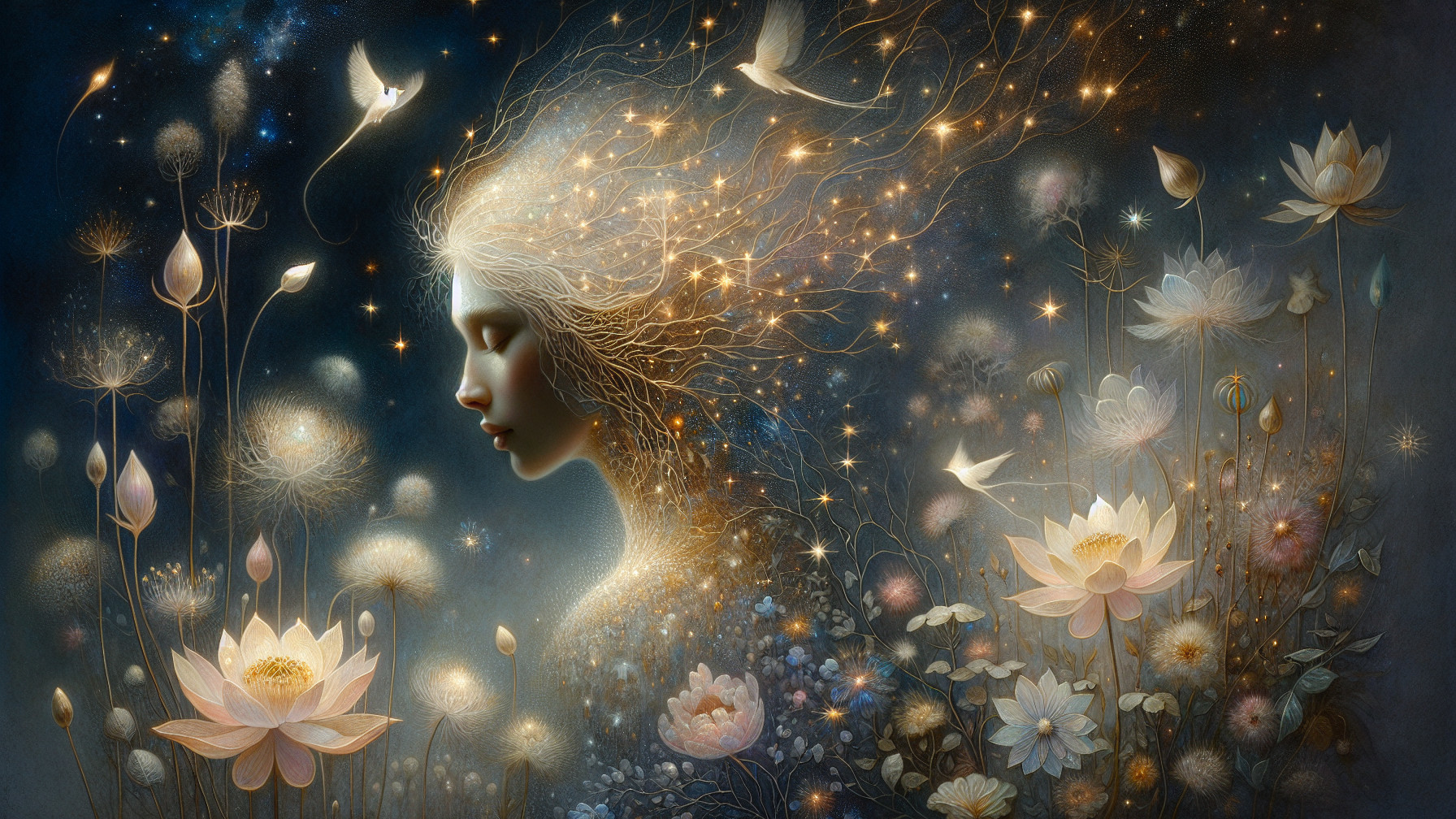 Mystical Figure in Dreamlike Landscape with Stars