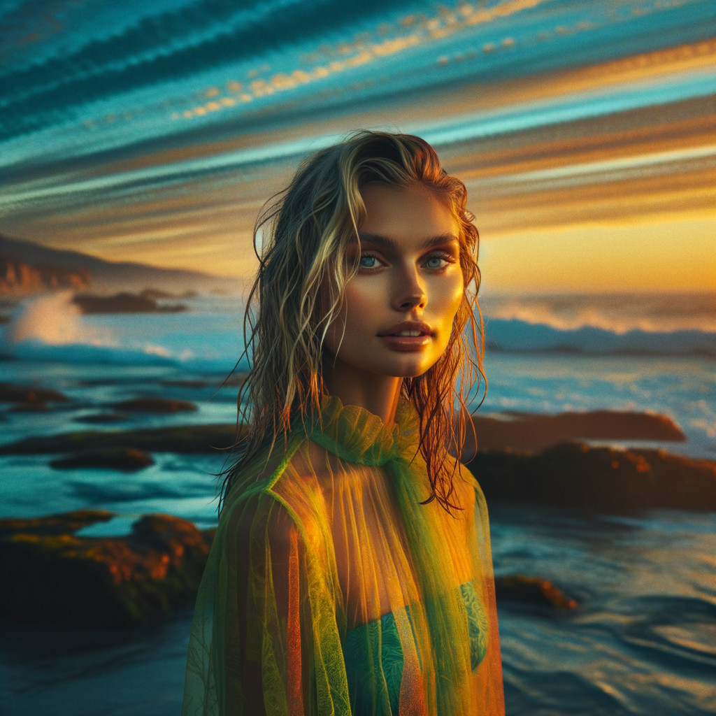 Young woman on rocky shore at sunset with ocean waves
