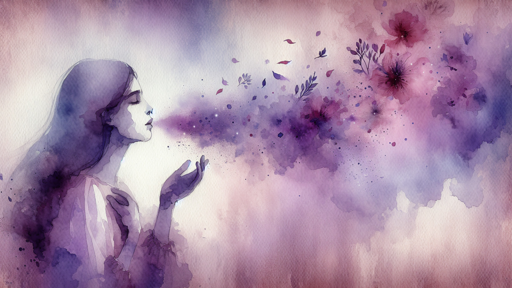 Watercolor Painting of Woman Exhaling Floral Elements