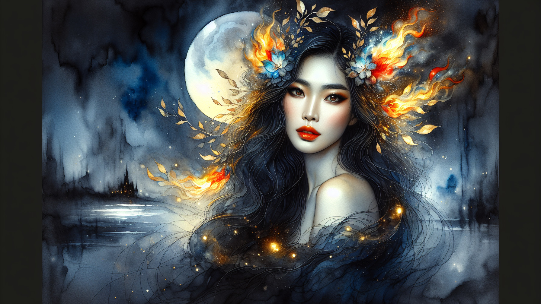 Portrait of a woman with flowers and glowing leaves