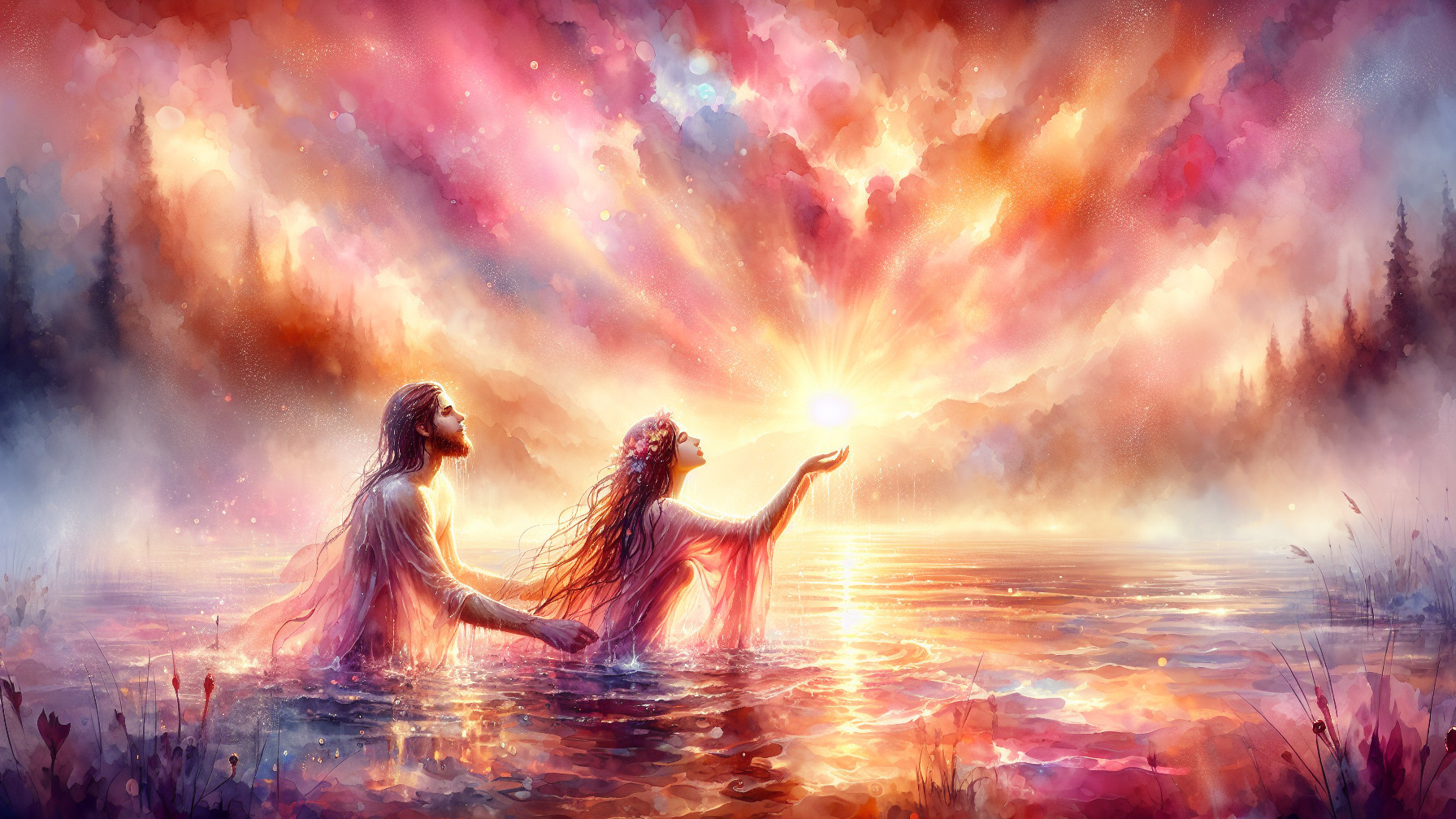 Ethereal Figures by Tranquil Lake at Sunset