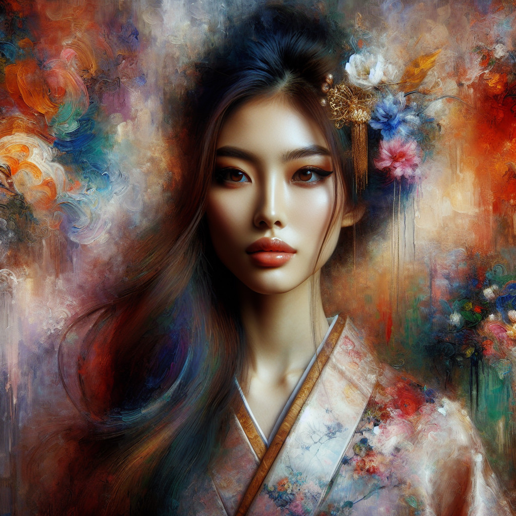 Portrait of a woman in a floral-patterned kimono
