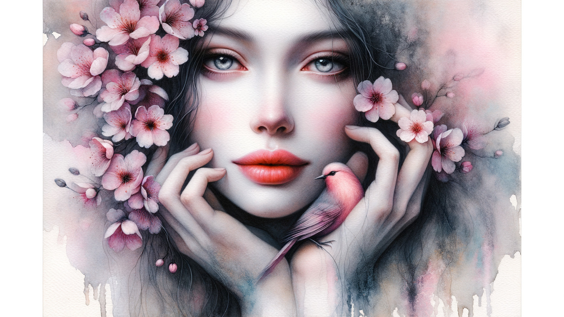 Portrait of a woman with cherry blossoms and a bird