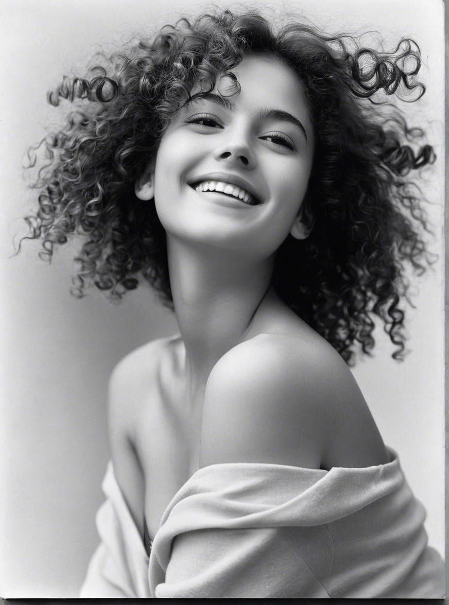 Young woman with curly hair in monochrome setting