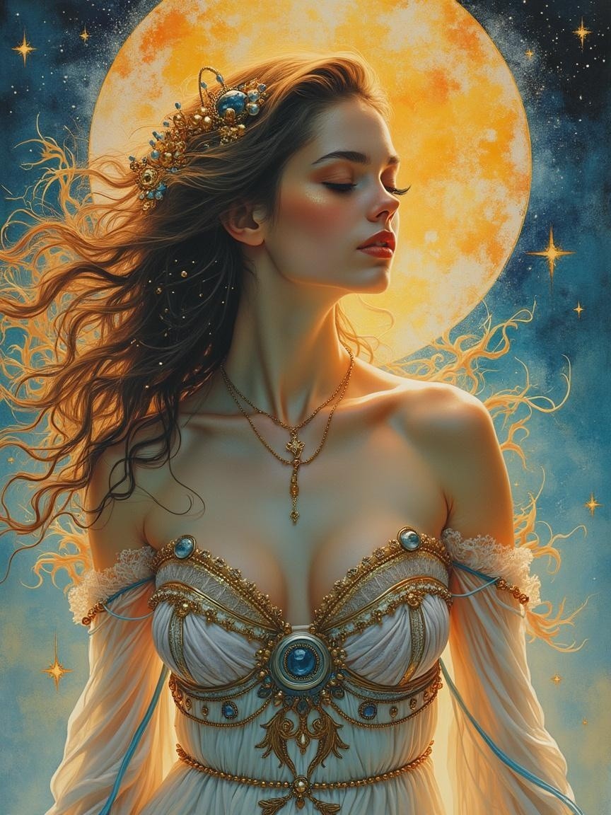 Mystical Woman in Gown Under Full Moonlight