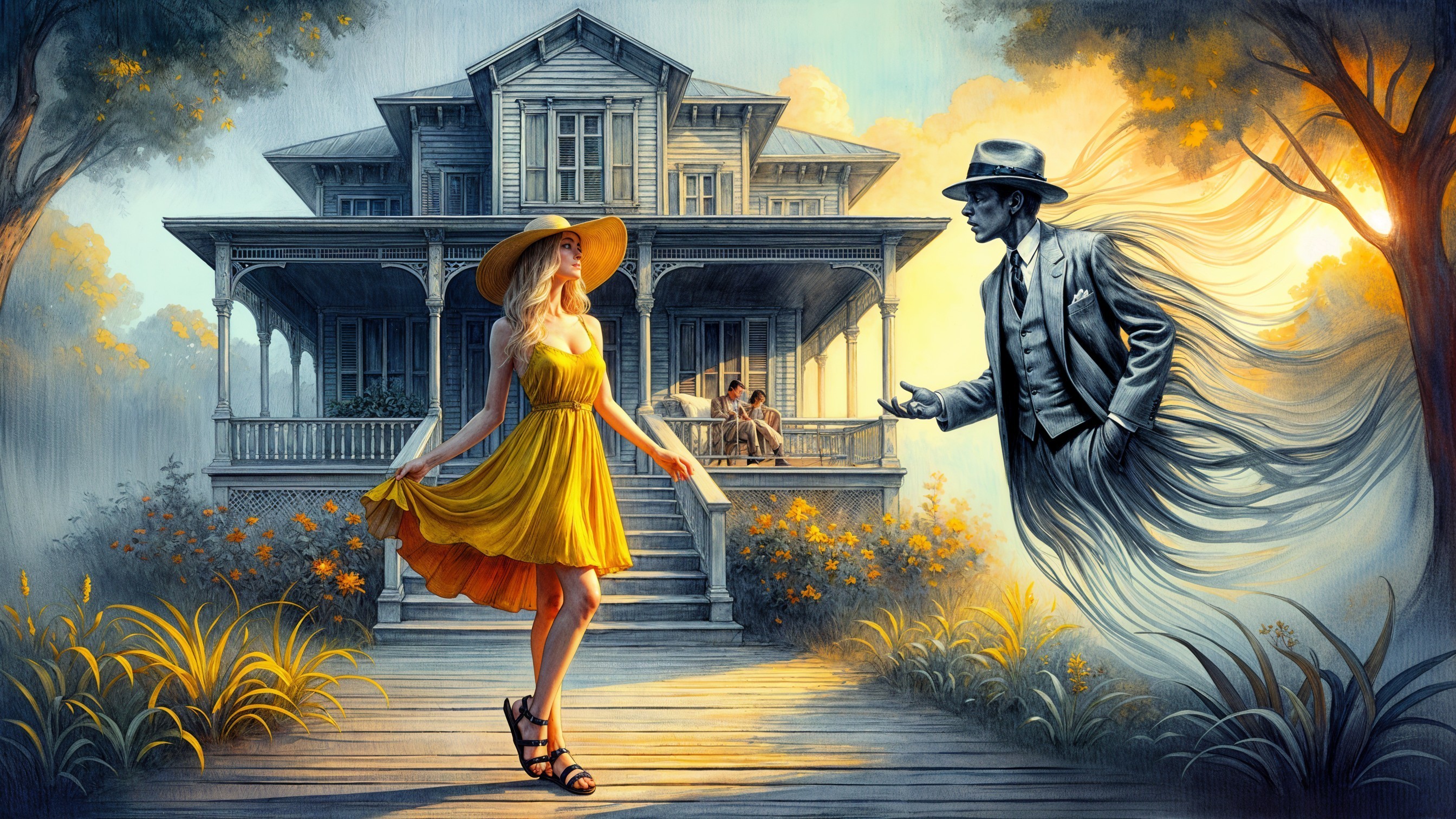 Whimsical Scene of a Vintage House and Ethereal Figure