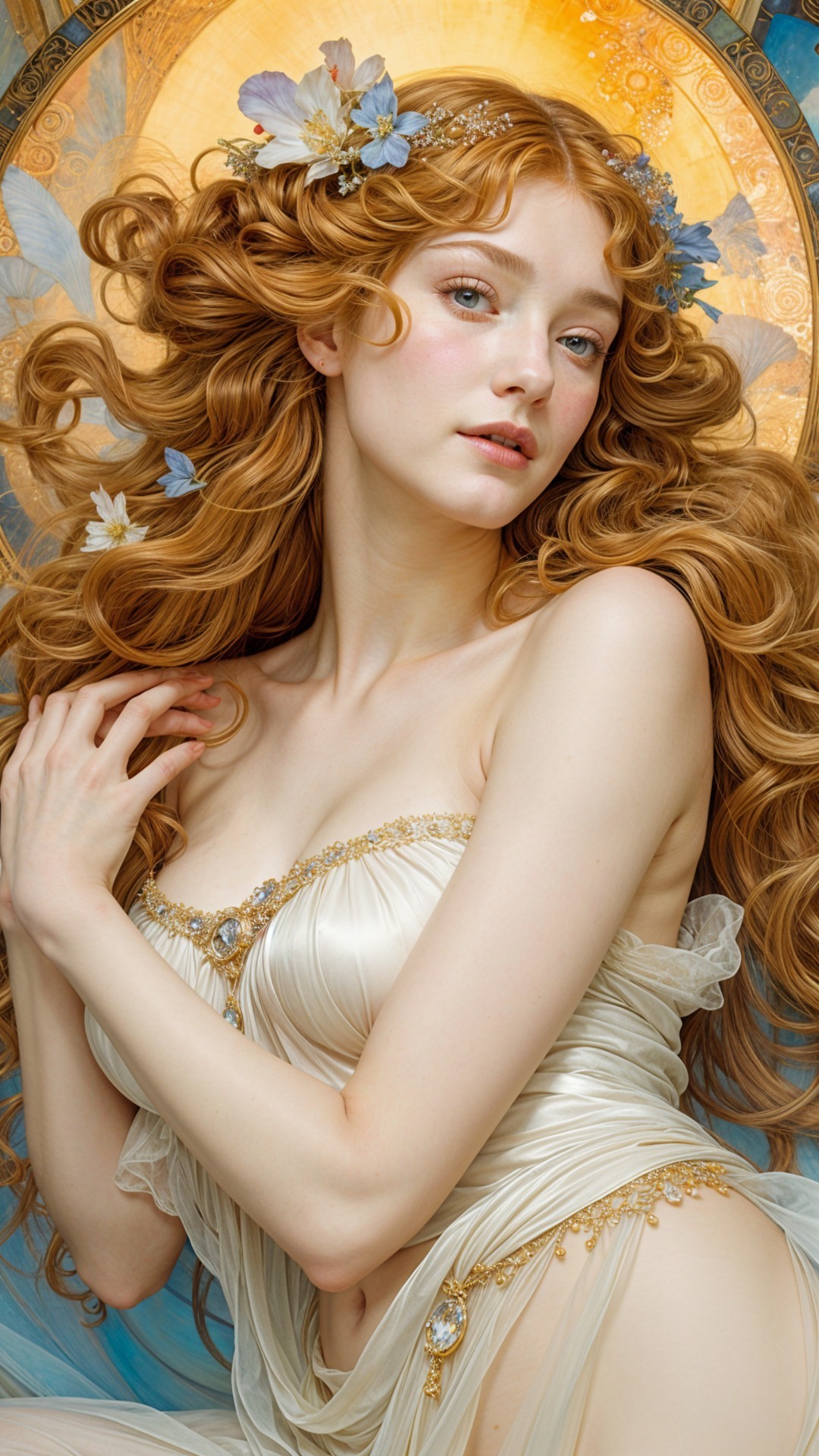 Portrait of a Young Woman in Flowing Gown and Flowers