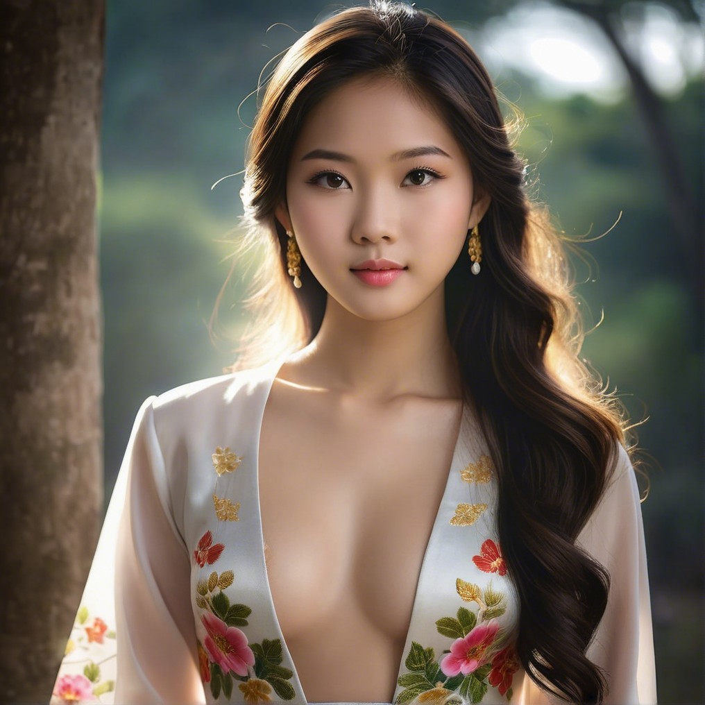 Young woman in floral dress against natural backdrop