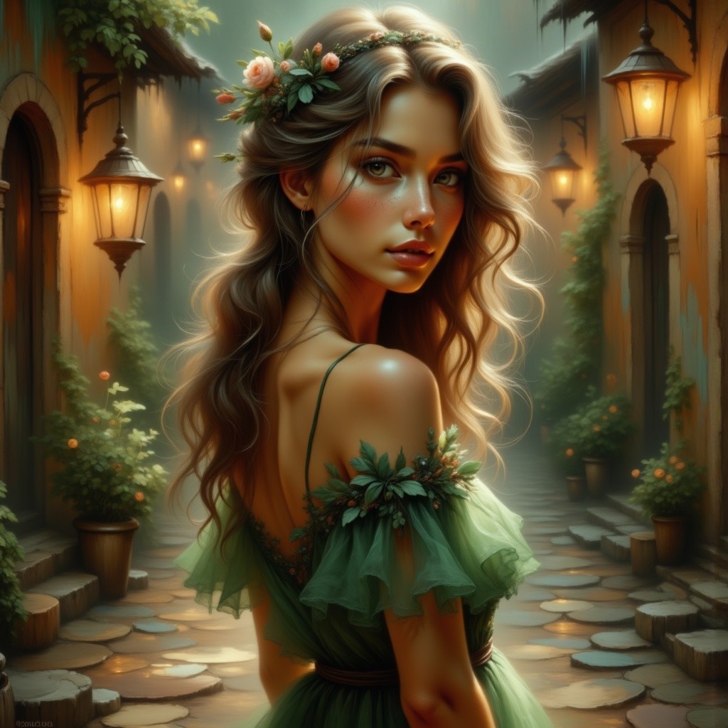 Young Woman in Green Dress in Cobblestone Alley