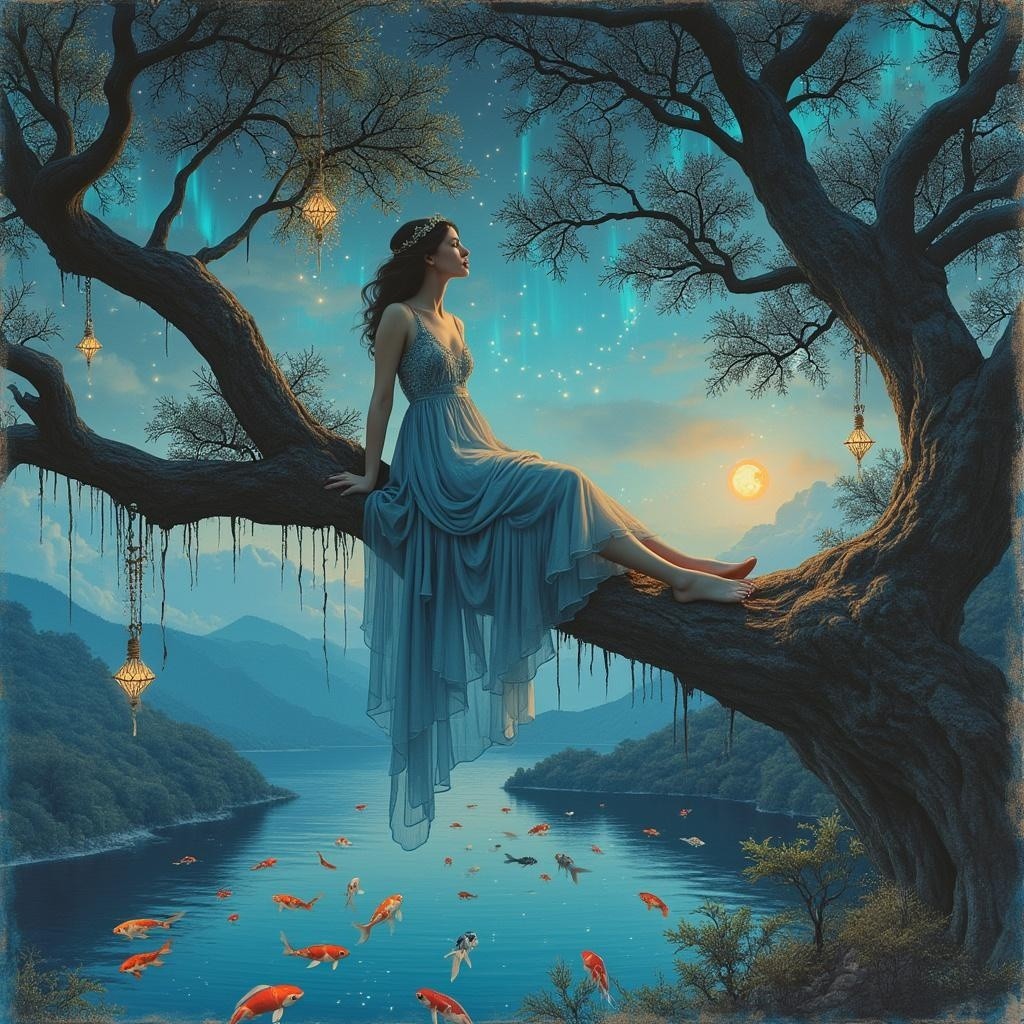 Woman in Blue Dress on Tree by Twilight River