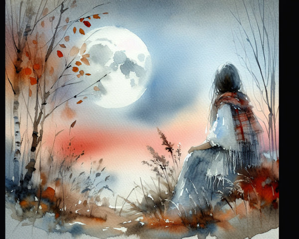 Watercolor Scene of Figure Under a Luminous Moon