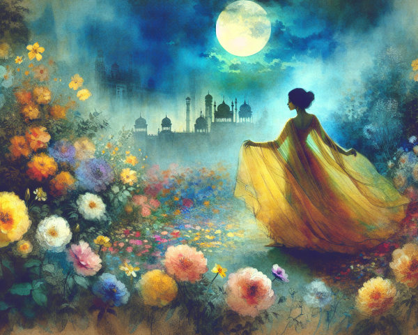 Moonlit Dance in a Flower-Filled Garden Scene