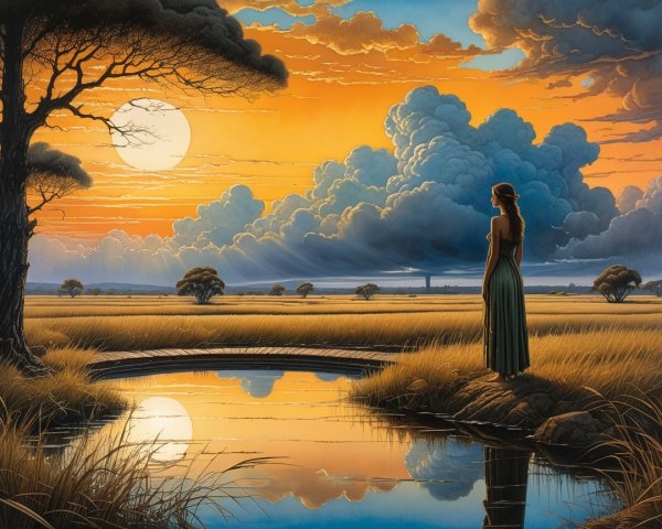 Serene Sunset Landscape with Woman by Tranquil Pond