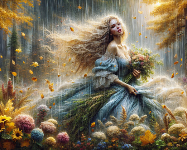 Young woman in blue gown in magical autumn forest