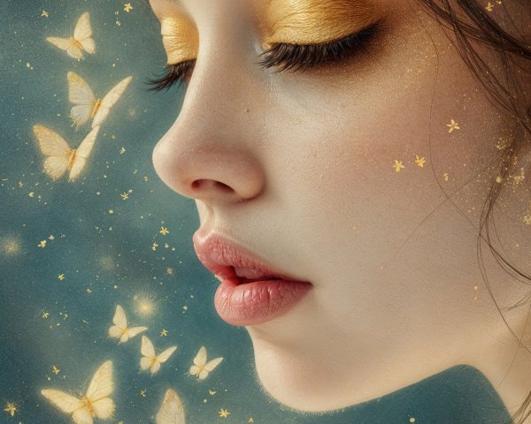 Close-Up Profile of a Woman with Golden Butterflies