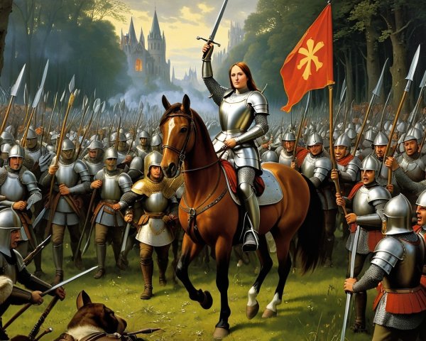 Knight Leading Army in Forest with Castle Background