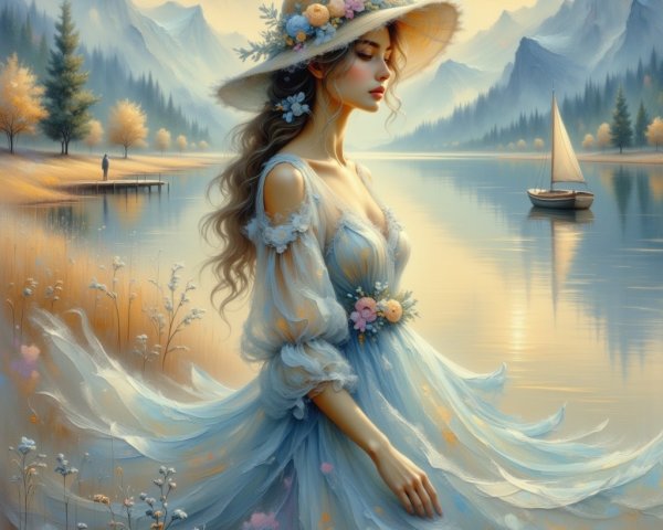 Tranquil Lake Sunset with Woman in Blue Dress