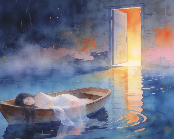 Watercolor Painting of Woman in Rowboat with Light