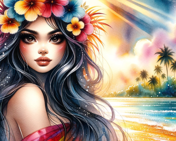 Tropical Beach Scene with Woman and Sunset Background
