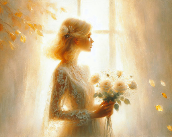 Ethereal Portrait of Woman in Lace Gown with Roses